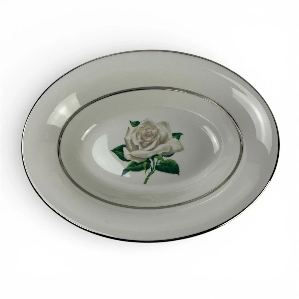 Vintage White Rose Serving Bowl:‎ Silver Trim Vogue Ceramic 10